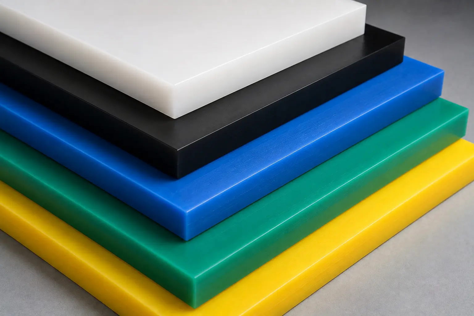 A stack of rigid solid HDPE sheet in several colours &mdash; an engineering plastic, not the knitted shade mesh used for shade sails