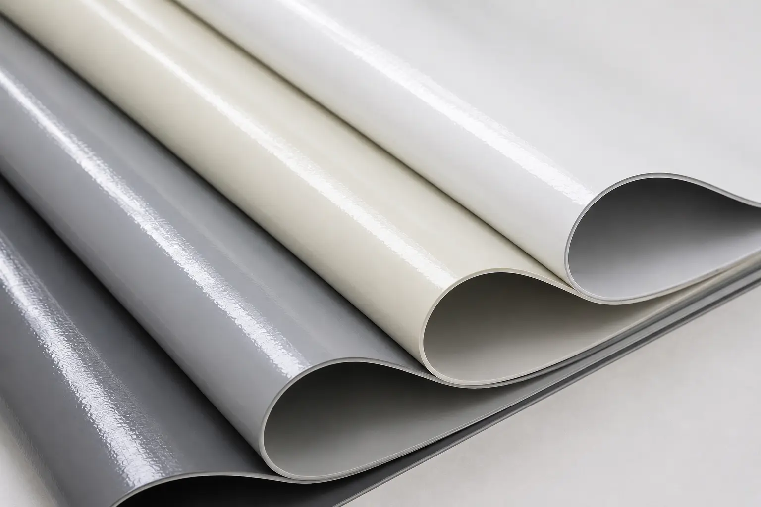 Rolls of PVDF-lacquered PVC membrane in grey, cream and white, showing the higher-gloss fluoropolymer top surface