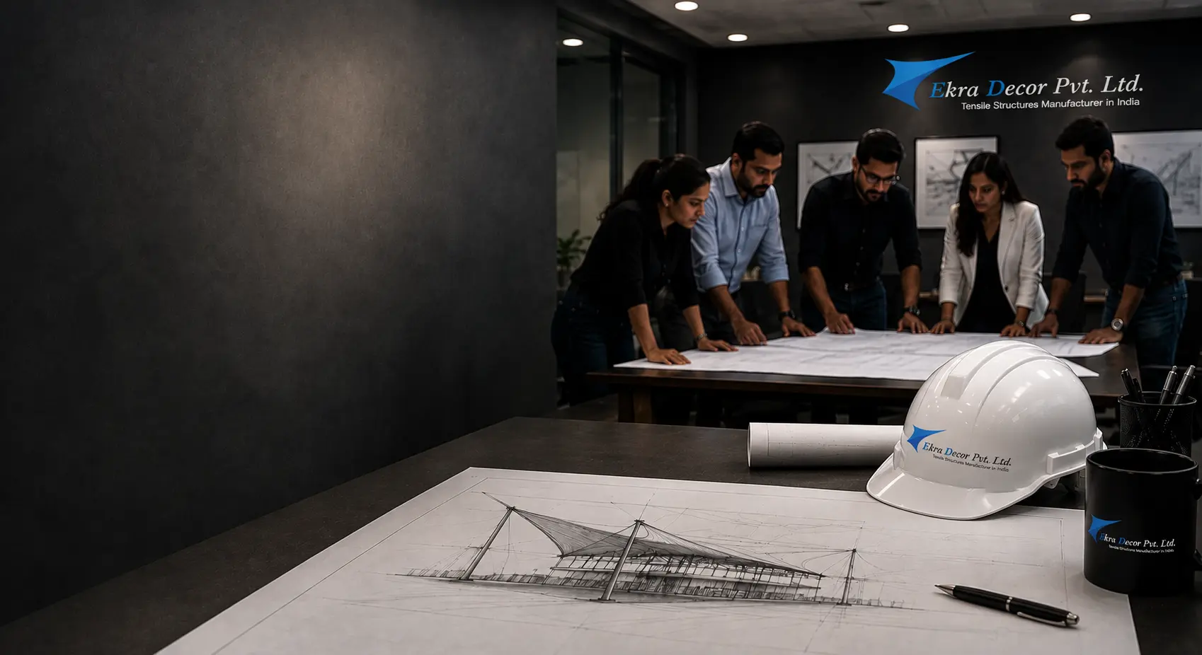 The Ekra Decor team reviewing tensile structure drawings in the New Delhi office