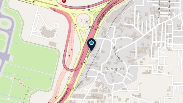 Street map of Rangpuri, New Delhi, with a pin on NH-8 beside the Shiv Murti roundabout marking Ekra Decor&rsquo;s head office