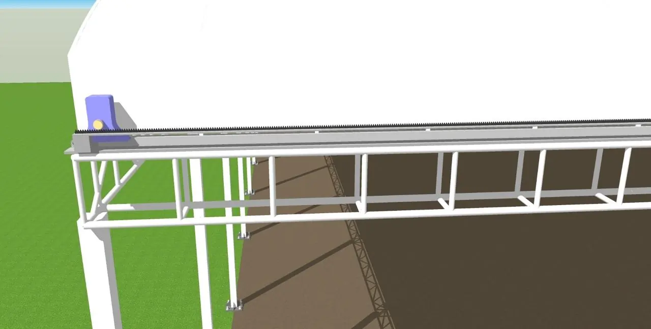 Design-model close-up of a drive carriage on the eave truss guide rail, with the toothed rack visible along the running line
