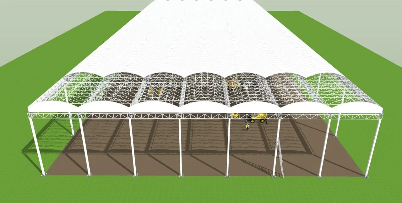 Barrel-vault membrane roof structure over an exhibition-scale span, 3D design model