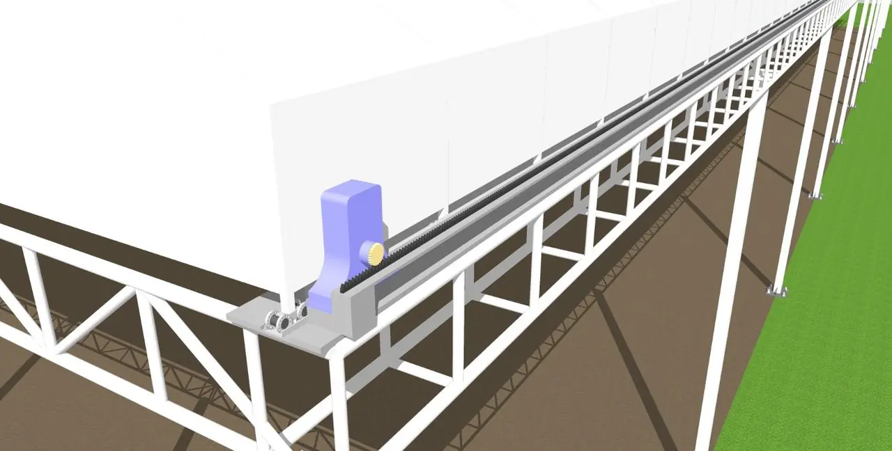 Close-up of guide rail, roller wheel and drive carriage