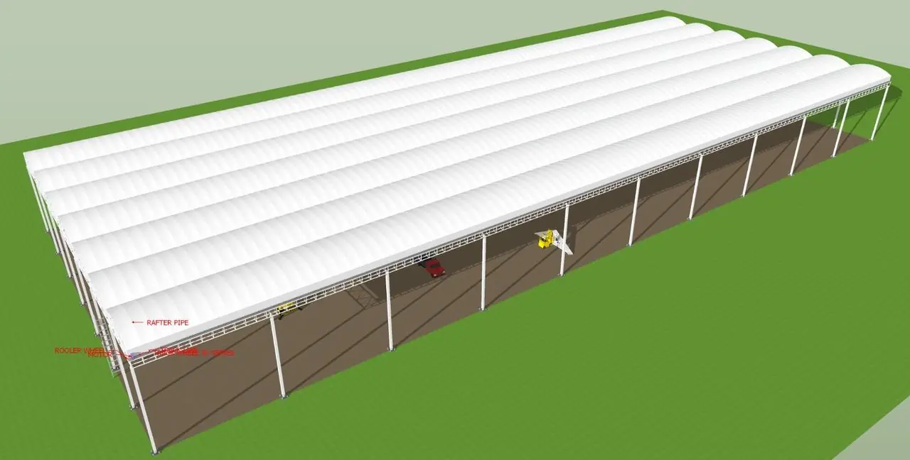Column-free covered floor under a retractable membrane roof, suited to multipurpose halls, 3D design model