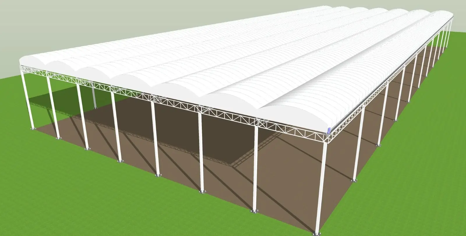 Large-span retractable membrane roof over a stadium-scale floor plate, 3D design model