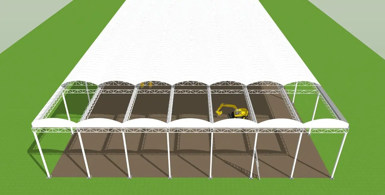 Long multi-bay membrane roof suited to event spaces, 3D design model