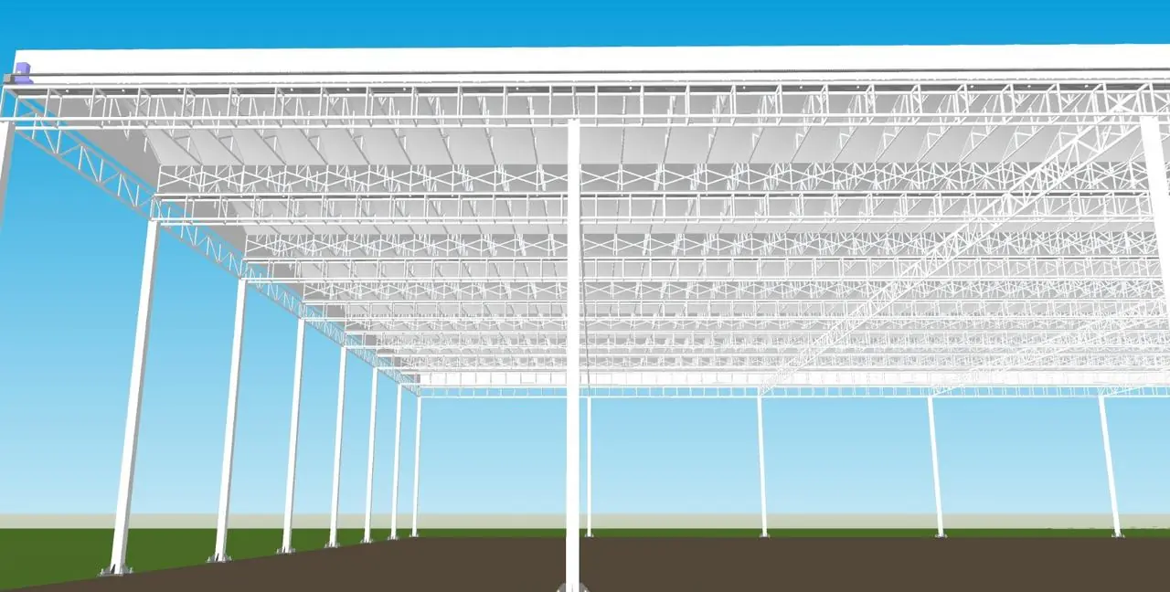 Steel framework of a large membrane roof suited to commercial developments, 3D design model