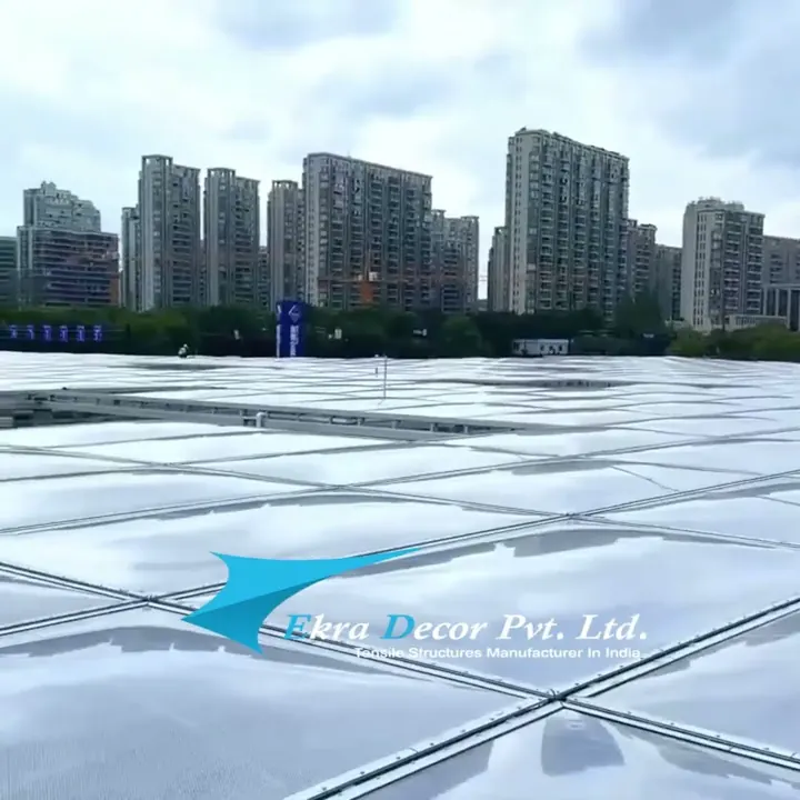 ETFE cushion roof: air-inflated film panels in a gridded metal frame, seen across the roof plane
